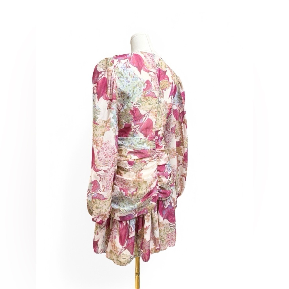 Floral V Neckline Cuff Sleeves Ruffle Skirt Chiffon Mini Dress Women Size Medium - Picture 5 of 8